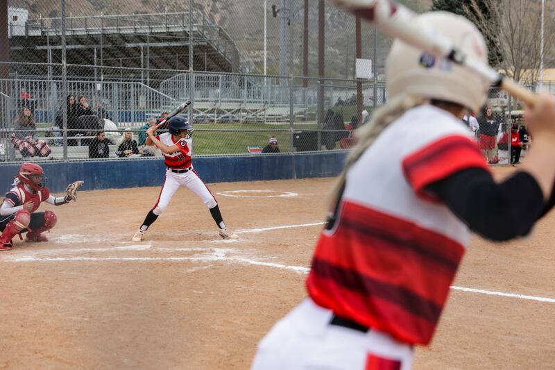Spanish Fork’s Peyton Hall gets ready to hit the ball in a game against Springville.