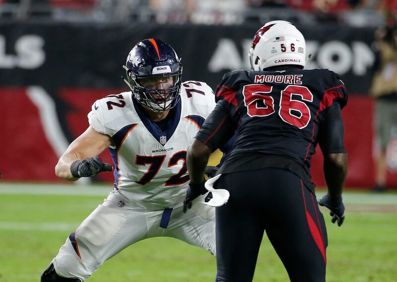 Denver Broncos offensive tackle Garett Bolles (72) plays during an NFL football game against the Arizona Cardinals, Thursday, Oct. 18, 2018, in Glendale, Ariz.