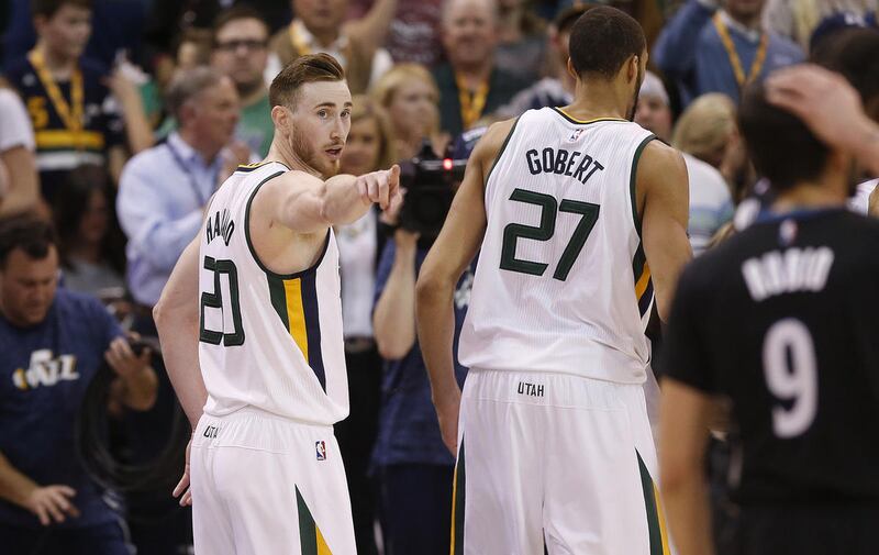 Utah Jazz forward Gordon Hayward (20) celebrates the victory over the Minnesota Timberwolves in Salt Lake City on Friday, April 7, 2017. The Jazz won 120-113.