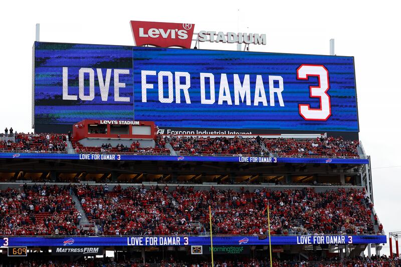 A video board at Levi’s Stadium shows a message for Damar Hamlin on Sunday, Jan. 8, 2023.