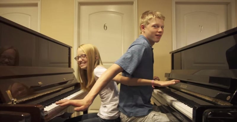 The Piano Gal, Sara Black, and Nathan Shaumann played a duet to \"Shut Up and Dance with Me,\" by Walk the Moon