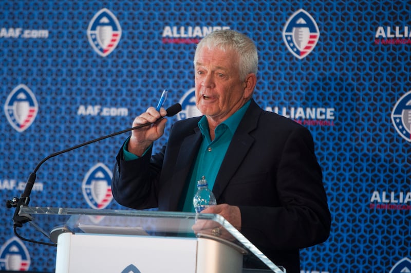Dennis Erickson, newly announced head coach of Alliance Salt Lake, speaks during a press conference at Rice-Eccles Stadium in Salt Lake City on Wednesday, May 16, 2018.