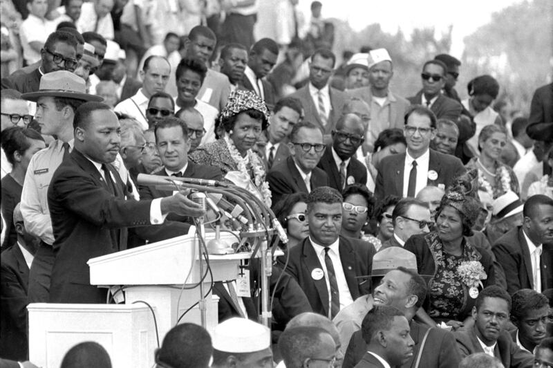 The Rev. Dr. Martin Luther King Jr. speaks to thousands during his “I Have a Dream” speech in front of the Lincoln Memorial for the March on Washington for Jobs and Freedom in Washington.