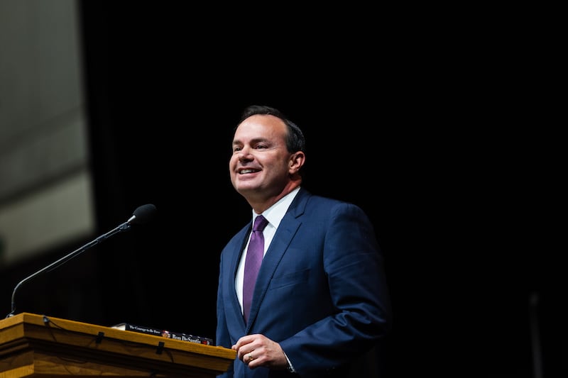 Sen. Mike Lee, R-Utah, speaks at Utah Valley University in Orem on April 22, 2023.