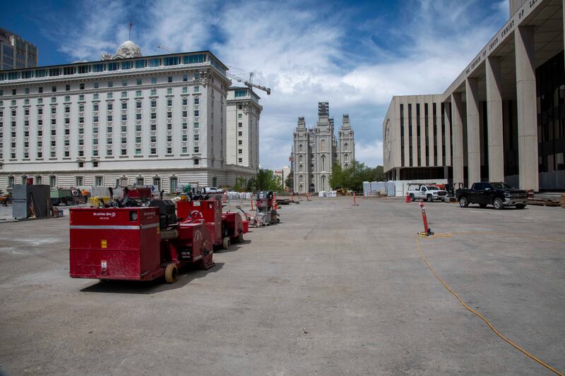 A large fountain has been removed from the Church Office Building plaza.