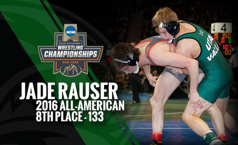 Utah Valley senior Jade Rauser (right) looks to take Campbell's Nathan Kraisser to the mat at Madison Square Garden in New York City on Friday. He became UVU wrestling's second All-American in program history after placing eighth in his weight class at th
