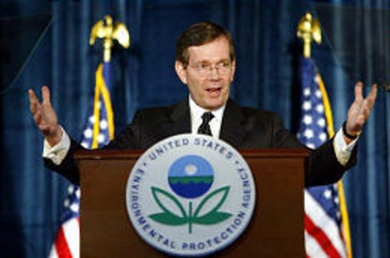 Environmental Protection Agency Administrator Mike Leavitt gives an address to EPA employees on Tuesday in Washington. He called for Congress to pass President Bush's "Clear Skies" proposal.