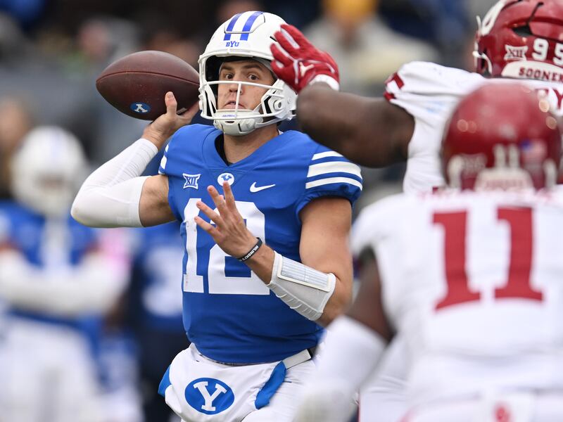 BYU quarterback Jake Retzlaff passes the ball against Oklahoma at LaVell Edwards Stadium in Provo on Saturday, Nov. 18, 2023.
