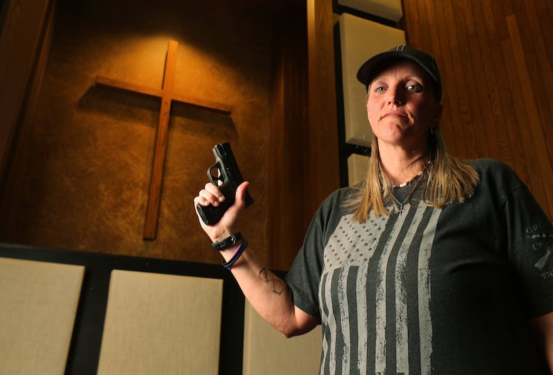 Connie Peterson stands inside the Salt Lake Christian Center where she attends church in Millcreek on Wednesday, Aug. 1, 2018. Peterson has a concealed gun during worship.