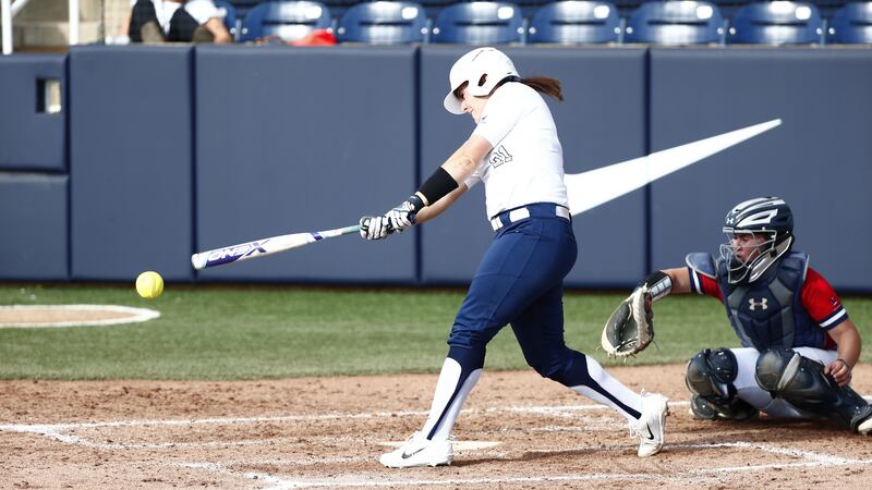 BYU junior catcher Libby Sugg swings against Saint Mary's earlier in the season. Sugg earned her second West Coast Conference Softball Player of the Week award this season.