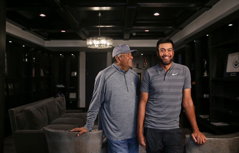 PGA golfer Tony Finau, right, and his father, Kelepi Finau, pose for a photo at Tony’s home in Lehi on Tuesday, Feb. 6, 2018.
