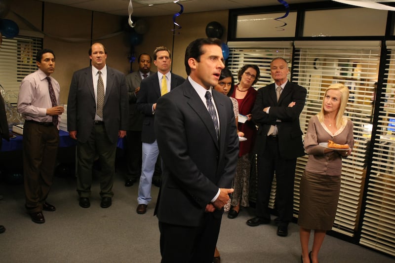 FILE - This undated image provided by NBC Universal shows a scene from NBC’s “The Office,” showing Steve Carell, front, as Michael Scott. The program was nominated, Tuesday, Dec. 15, 2009, for a Golden Globe for best television series musical or comedy. The awards will be held on Jan. 17, in Beverly Hills, Calif. (AP Photo/NBC, Justin Lubin)