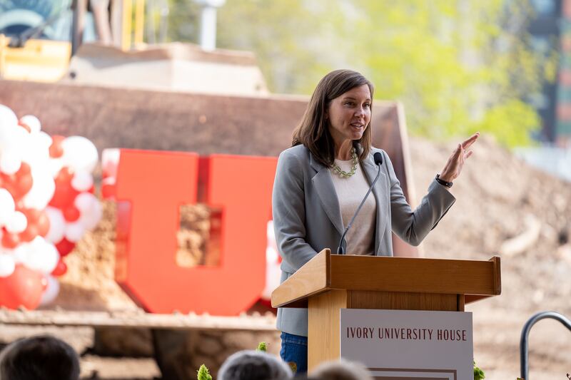 Salt Lake City Mayor Erin Mendenhall speaks at the groundbreaking for the Ivory University House next to the University of Utah.