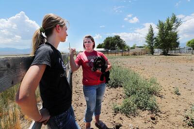 Shani Barker and daughter Rachel talk while standing in their horse coral at their home in Erda on Friday, July 13, 2018. Shani is concerned about a proposed high-density development project planned near her property.