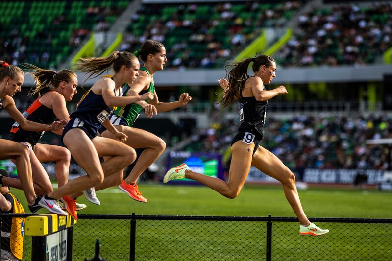 BYU’s Courtney Wayment leads the pack in the steeplechase at the NCAA Track and Field Championships in Eugene, Oregon.