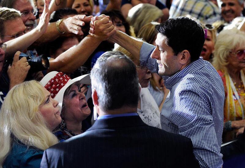 Republican vice presidential candidate Rep. Paul Ryan R-Wis., greets his supporters during a campaign event at Palo Verde High School on Tuesday, Aug. 14, 2012 in Las Vegas.
