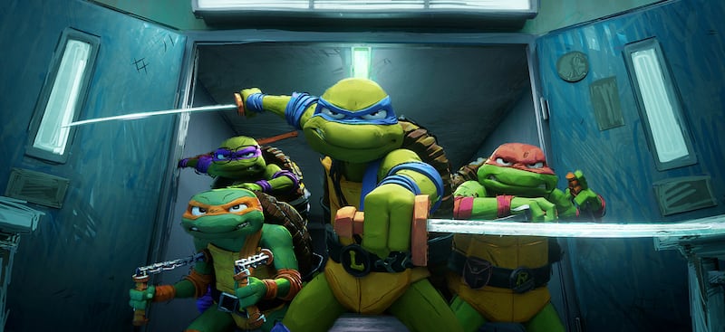 Michelangelo, Donatello, Leonardo and Raphael in the film “Teenage Mutant Ninja Turtles: Mutant Mayhem.”