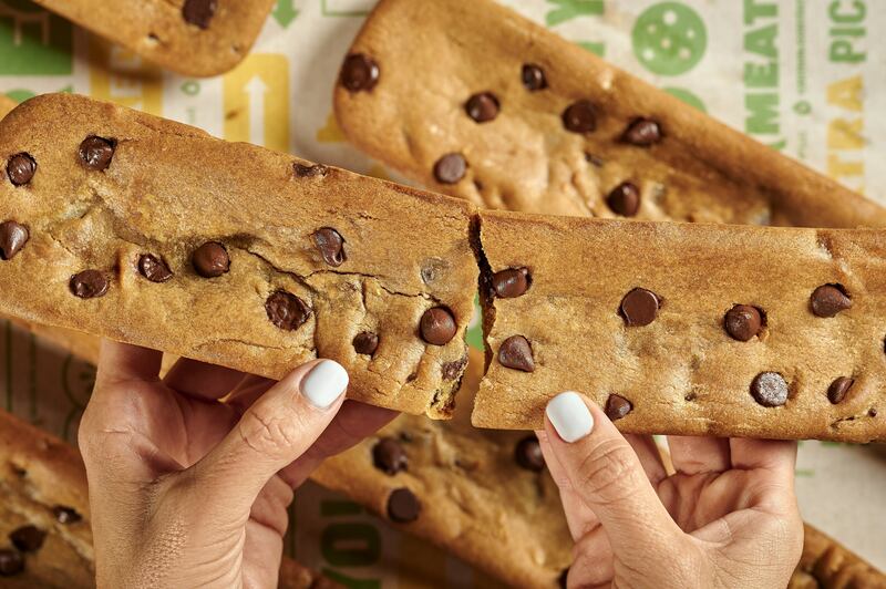A footlong cookie from Subway restaurants is pictured in this press release photo on Nov. 29, 2023.