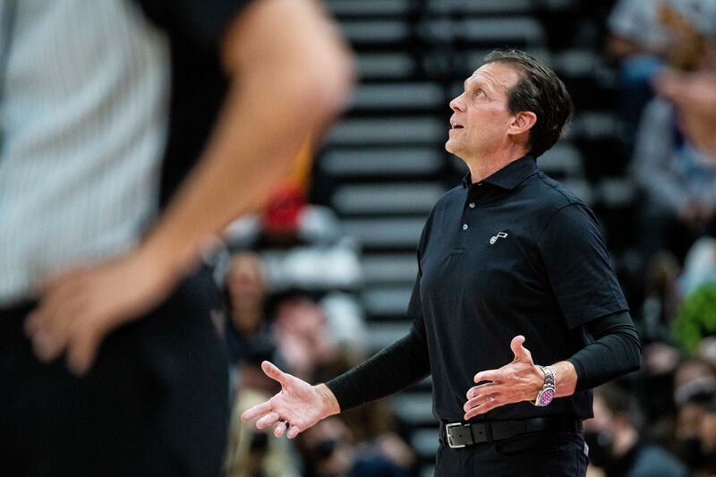 Utah Jazz coach Quin Snyder reacts to a replay during game against the Washington Wizards, Dec. 18, 2021, in Salt Lake City.
