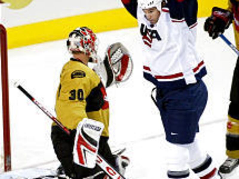 Team USA's Brian Rolston celebrates a goal by teammate Bill Guerin in the second period of the World Cup of Hockey Tuesday.