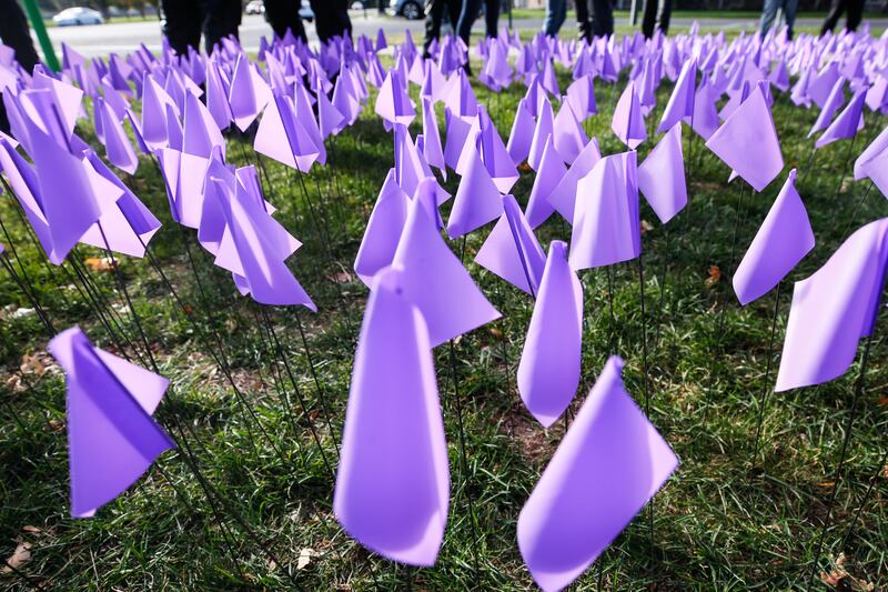 Purple flags are planted at Liberty Park in Salt Lake City on Saturday, Oct. 17, 2020, to recognize victims of domestic violence.