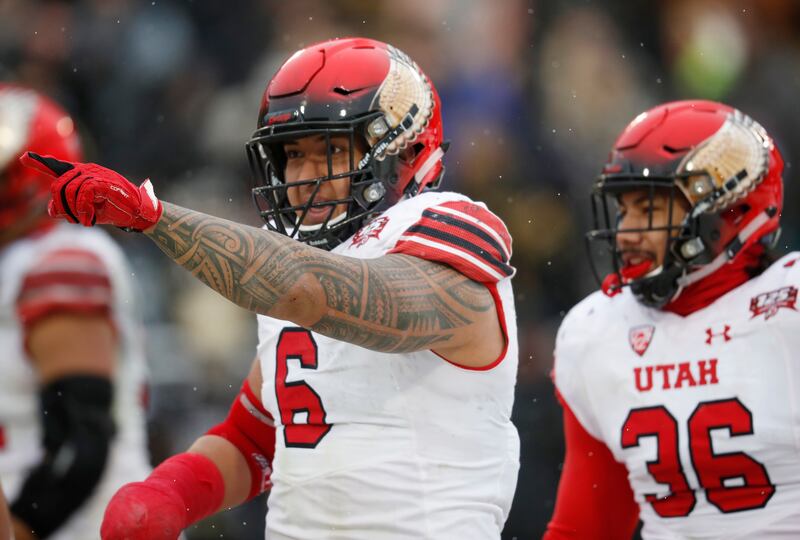 Utah defensive end Bradlee Anae gestures to the bench after sacking Colorado quarterback Steven Montez in the second half of an NCAA college football game Saturday, Nov. 17, 2018, in Boulder, Colo. Utah won 30-7. (AP Photo/David Zalubowski)