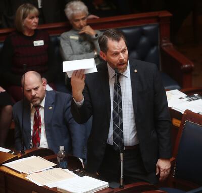 Sen. Jake L. Anderegg, R-Lehi, debates the a plan to replace the voter-approved full Medicaid expansion at the Capitol in Salt Lake City on Monday, Feb. 4, 2019.