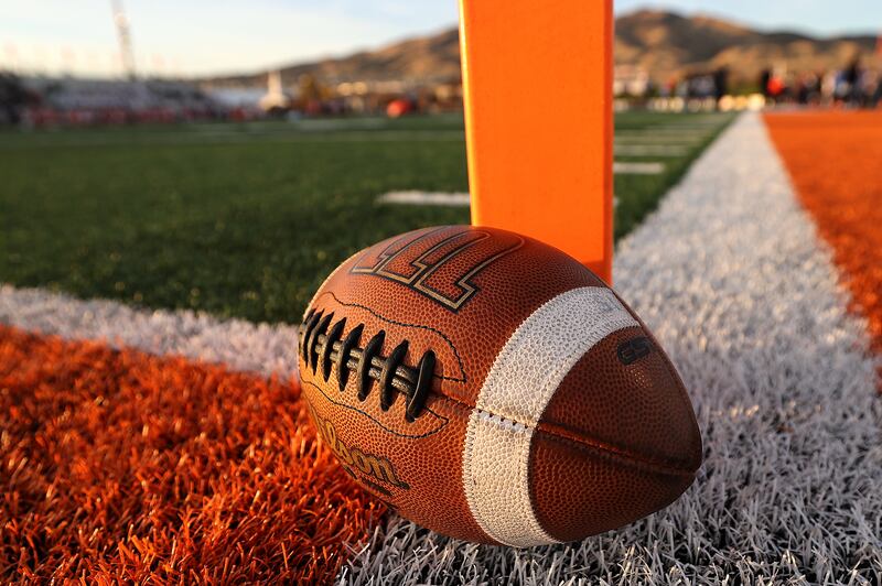 A football is pictured at Skyridge High School in Lehi