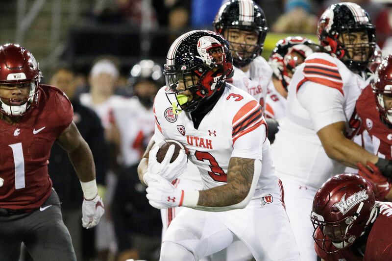Utah running back Ja’Quinden Jackson (3) carries the ball during the second half of an NCAA college football game against Washington State, Thursday, Oct. 27, 2022, in Pullman, Wash.