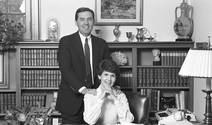Sister Patricia T. Holland sits in her office on campus, with BYU President Jeffrey Holland, in July 1984.
