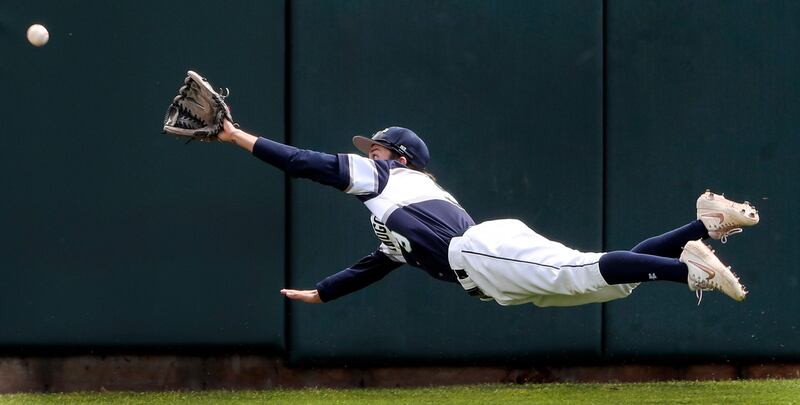 Timpanogos left fielder Krew Erickson comes up short as he dives for a line drive during the 5A high school baseball championship at the UCUU ballpark in Orem on Friday, May 24, 2019.