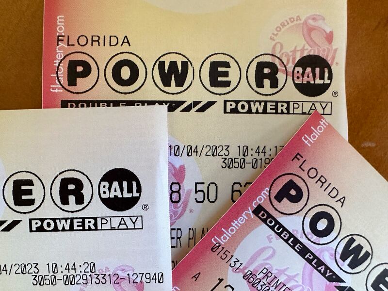 Powerball lottery tickets are displayed Oct. 4, 2023, in Surfside, Fla.