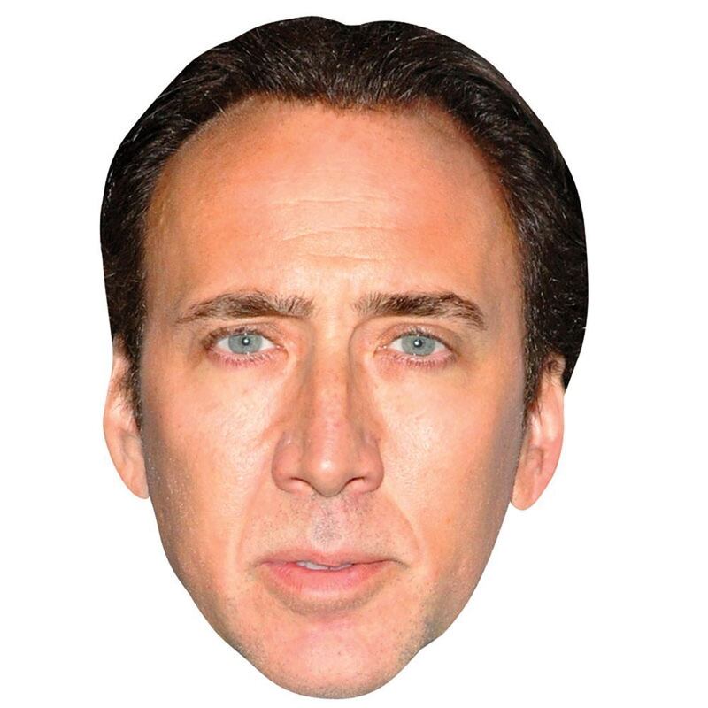A cardboard cutout mask bearing Nicolas Cage's likeness.