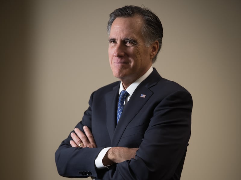 Sen. Mitt Romney, R-Utah, poses for a portrait in his new office on Capitol Hill in Washington, D.C., on Thursday, Jan. 3, 2019. “It’s good politics to divide, but it’s bad for the country,” Romney said.