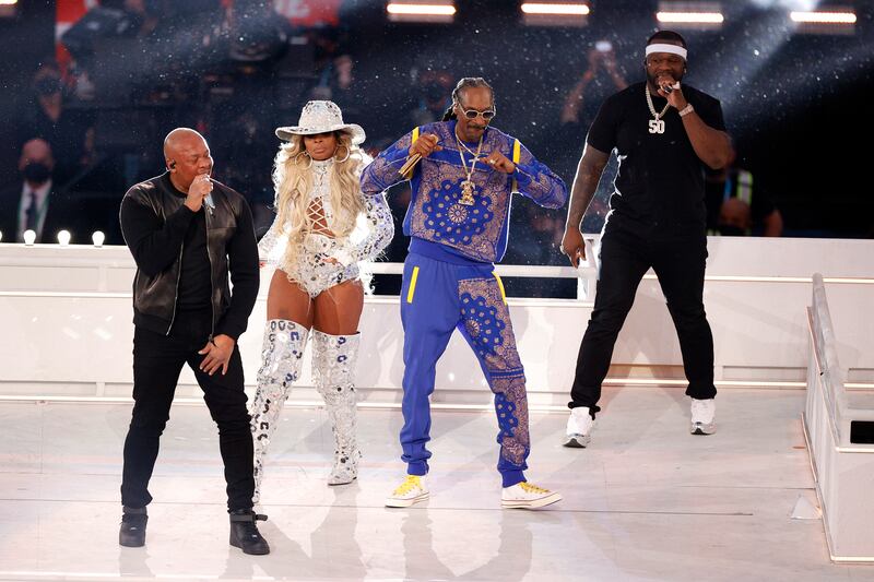 Dr. Dre, Mary J. Blige, Snoop Dogg and 50 Cent perform in the Super Bowl 56 halftime show on Sunday, Feb. 13, 2022.