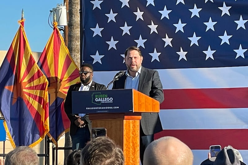 Democrat Ruben Gallego speaks to supporters at one of the first events of his 2024 Senate campaign in Phoenix on Jan. 28, 2023.