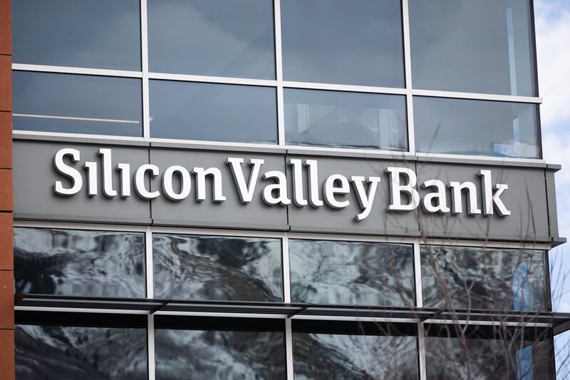 The sign of Silicon Valley Bank is photographed in Cottonwood Heights on March 10, 2023.