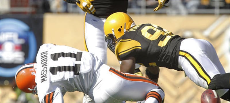 This hit by Steelers linebacker James Harrison on Browns receiver Mohamed Massaquoi has led to debate on head-hunting tackles.