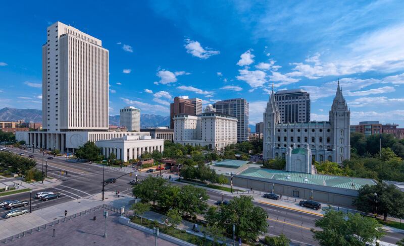 Downtown Salt Lake City from the roof of the LDS (Latter Day Saints) Conference Center in Salt Lake City, Utah on August 16, 2013.