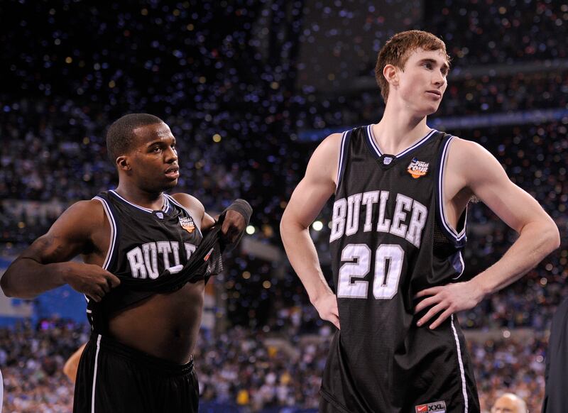 Butler players Shelvin Mack (1) and Gordon Hayward (20) react after their 61-59 loss to Duke in the men's NCAA Final Four college basketball championship game Monday, April 5, 2010, in Indianapolis. (AP Photo/Mark J. Terrill)