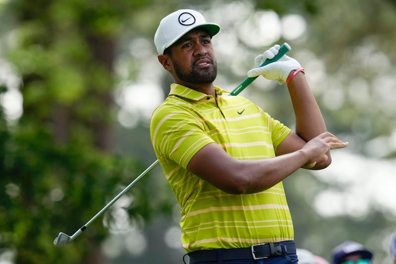 Tony Finau watches his tee shot on the fourth hole during the second round of the Masters at Augusta National Golf Club.