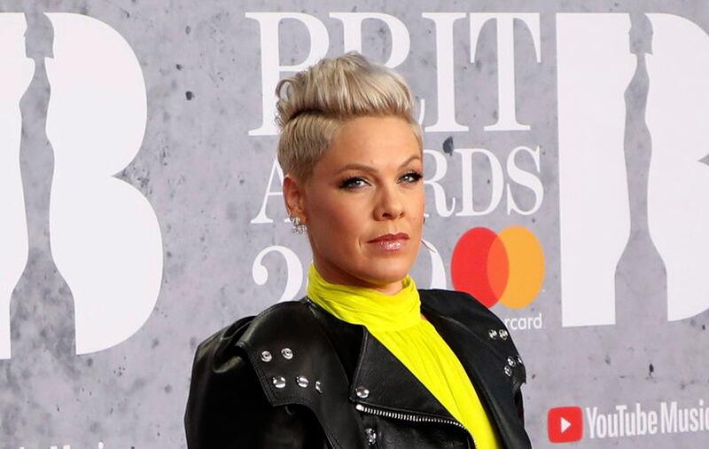 Singer Pink poses at the Brit Awards in London.