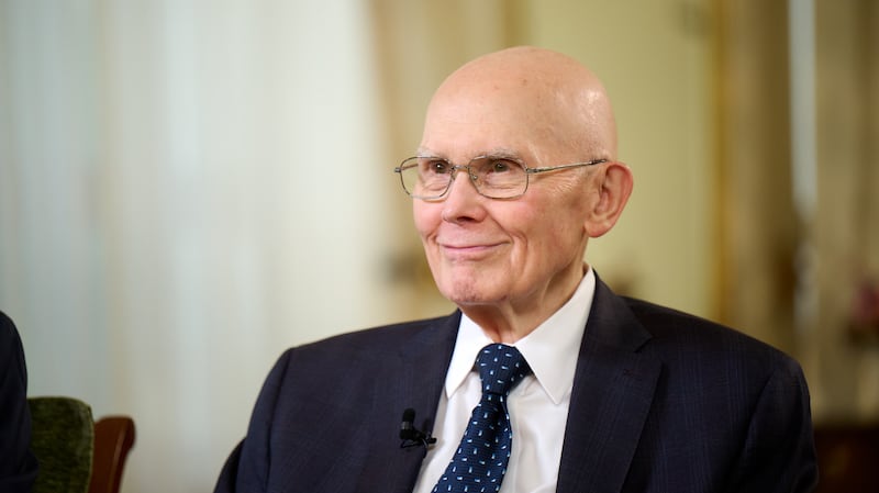 President Dallin H. Oaks smiles during an interview in the Relief Society Building in Salt Lake City on Wednesday, Oct. 15, 2025.