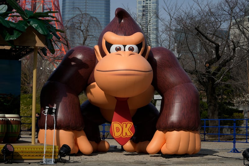 A Donkey Kong character balloon floats during an event in Tokyo, Thursday, Feb. 15, 2024.