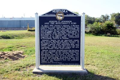 Panel at Railroad Park, Shelton, Nebraska, interpreting the contributions of Joseph Ellis Johnson, a Latter-day Saint.
