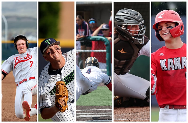 From left to right: American Fork’s Ryder Robinson, Timpanogos’ Billy Bird, Crimson Cliffs’ Petey Soto, Juab’s Wyatt Payton and Kanab’s Griffen Bone.