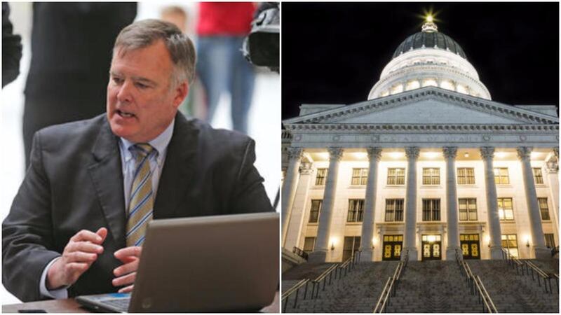 Left: Hugh Gallagher explains the Utah Republican Party online voting application during a press conference at the Capitol in Salt Lake City on Monday, March 7, 2016. Right: Utah State Capitol
