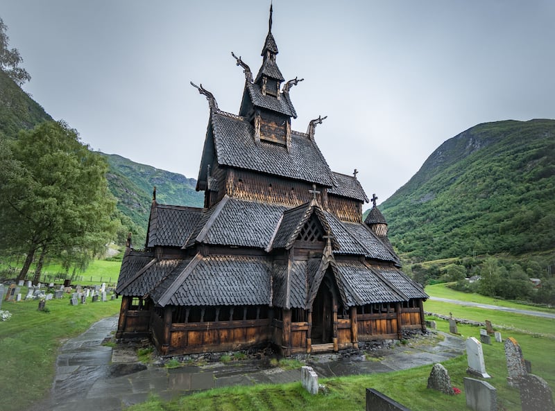 Carved dragons are on the gables of the Borgund Stave Church in Norway. It was built and dedicated to St. Andrew the Apostle around A.D. 1150.