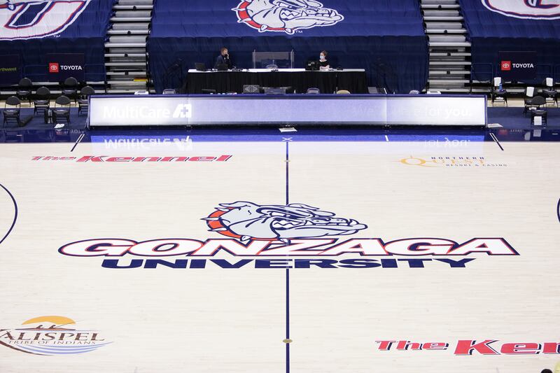 The Gonzaga logo is seen on the court at the McCarthey Athletic Center before a college basketball game in Spokane, Wash.