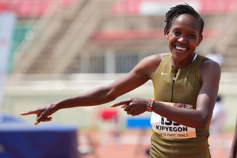 Faith Kipyegon, of Kenya celebrates as she wins the women's 1500 meters final, during Kenya track and field Paris 2024 Olympics trials, at the Nyayo National Stadium in Nairobi, Kenya Saturday, June 15, 2024.